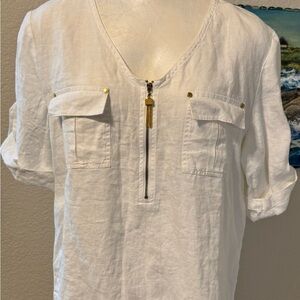 Ellen Tracy White V-Neck Top with Gold Accents